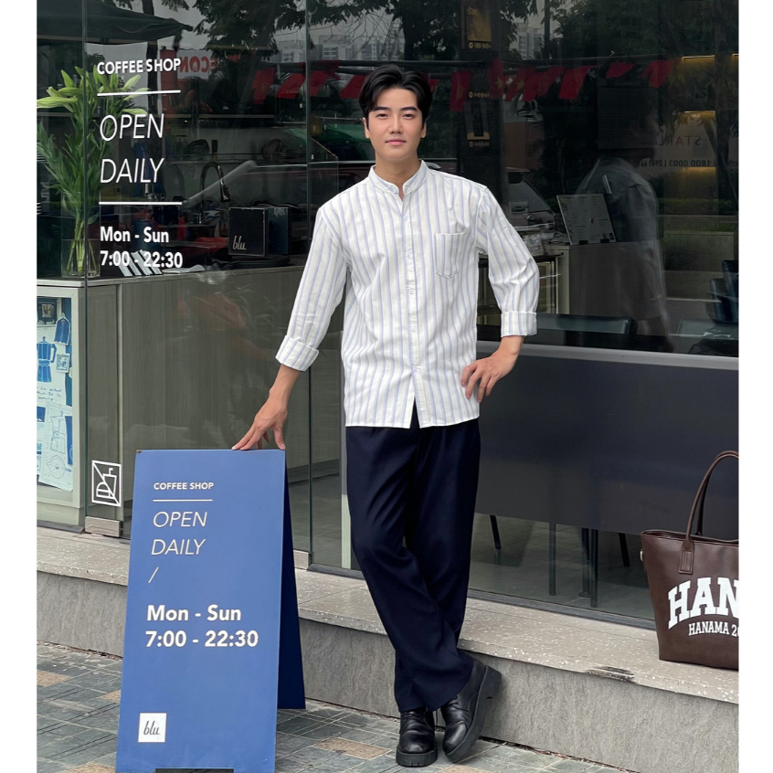 Áo Sơ Mi Nam Cổ Tàu Kẻ Sọc Xanh Oxford Vải Oxford 260GSM Dày Dặn Cao Cấp Halley A33