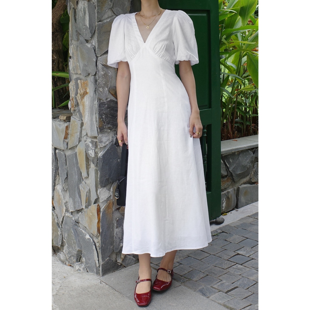 SUNDAY - CLEO DRESS -Áo Đầm Linen Maxi , Ngắn Tay, Cổ V.