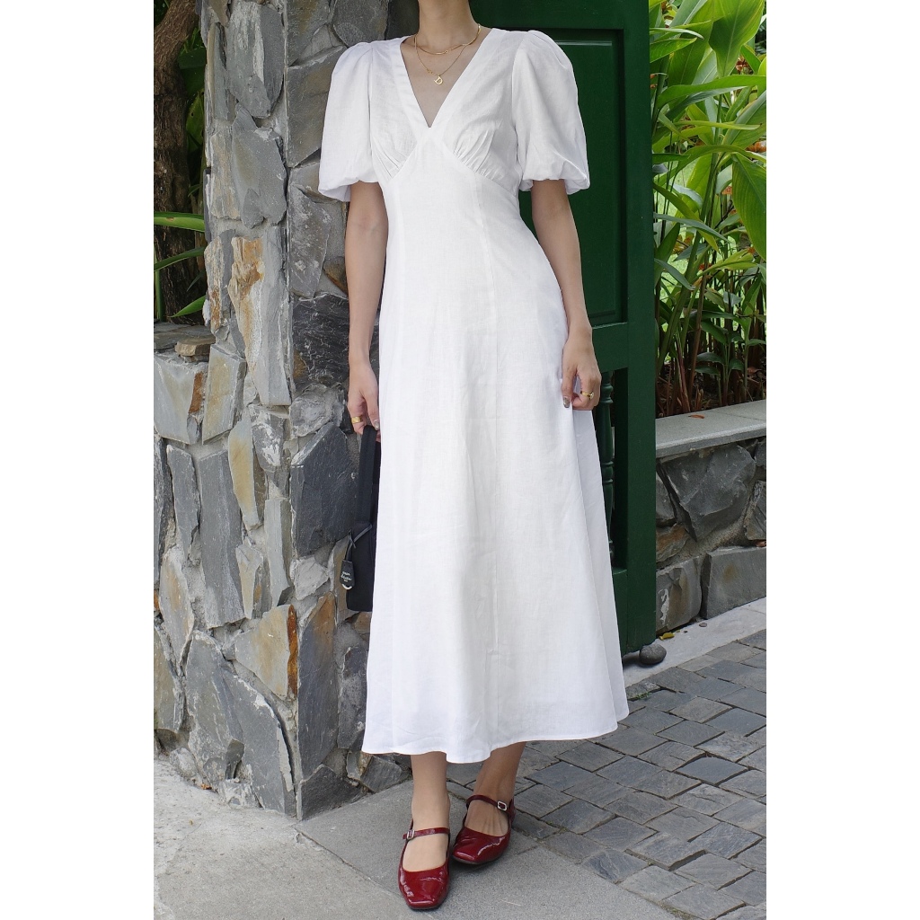 SUNDAY - CLEO DRESS -Áo Đầm Linen Maxi , Ngắn Tay, Cổ V.