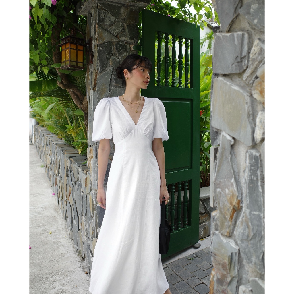 SUNDAY - CLEO DRESS -Áo Đầm Linen Maxi , Ngắn Tay, Cổ V.
