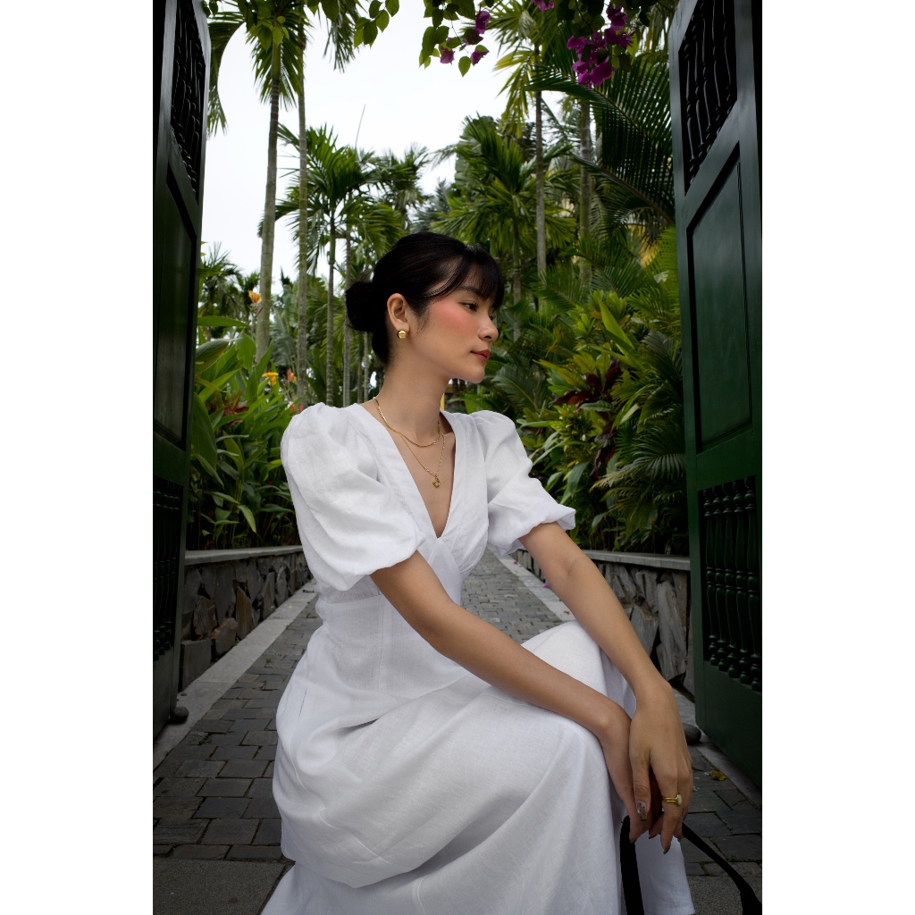 SUNDAY - CLEO DRESS -Áo Đầm Linen Maxi , Ngắn Tay, Cổ V.