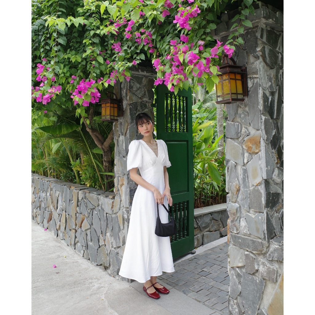 SUNDAY - CLEO DRESS -Áo Đầm Linen Maxi , Ngắn Tay, Cổ V.