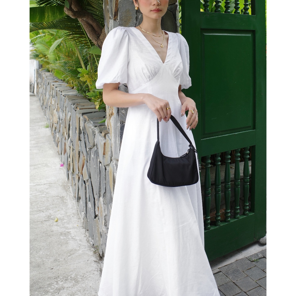 SUNDAY - CLEO DRESS -Áo Đầm Linen Maxi , Ngắn Tay, Cổ V.