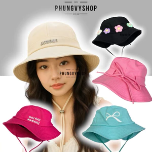 Mũ nón bucket tai bèo vành unisex nam nữ phungvyshop - / Bo Lớn KAKI LUỒN NƠ SAU Dây rút dài /
