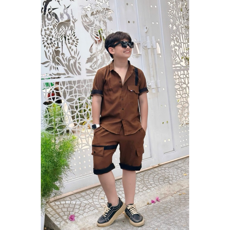 Bộ sơmi thiết kế phối nâu cho bé Trai 10-52kg