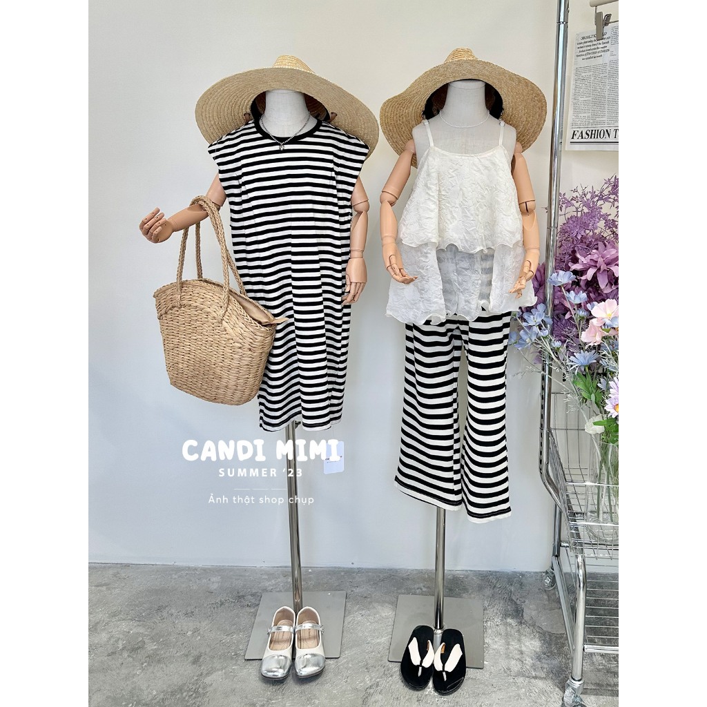 CANDI MIMI Váy kẻ sọc trắng đen - Phong cách Hàn Quốc