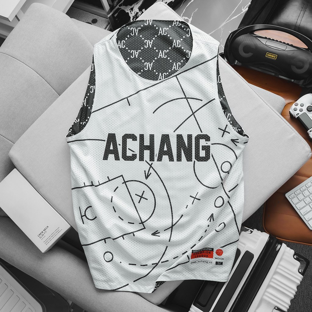 Áo tanktop 2 mặt Monogram Trắng Đen và Đen Be chất liệu vải lưới jersey bóng rổ, thoáng khí