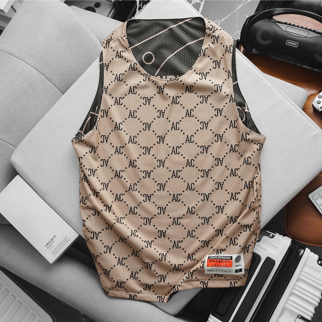 Áo tanktop 2 mặt Monogram Trắng Đen và Đen Be chất liệu vải lưới jersey bóng rổ, thoáng khí