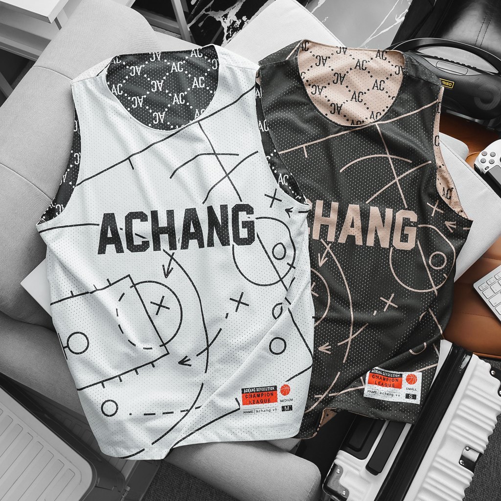 Áo tanktop 2 mặt Monogram Trắng Đen và Đen Be chất liệu vải lưới jersey bóng rổ, thoáng khí