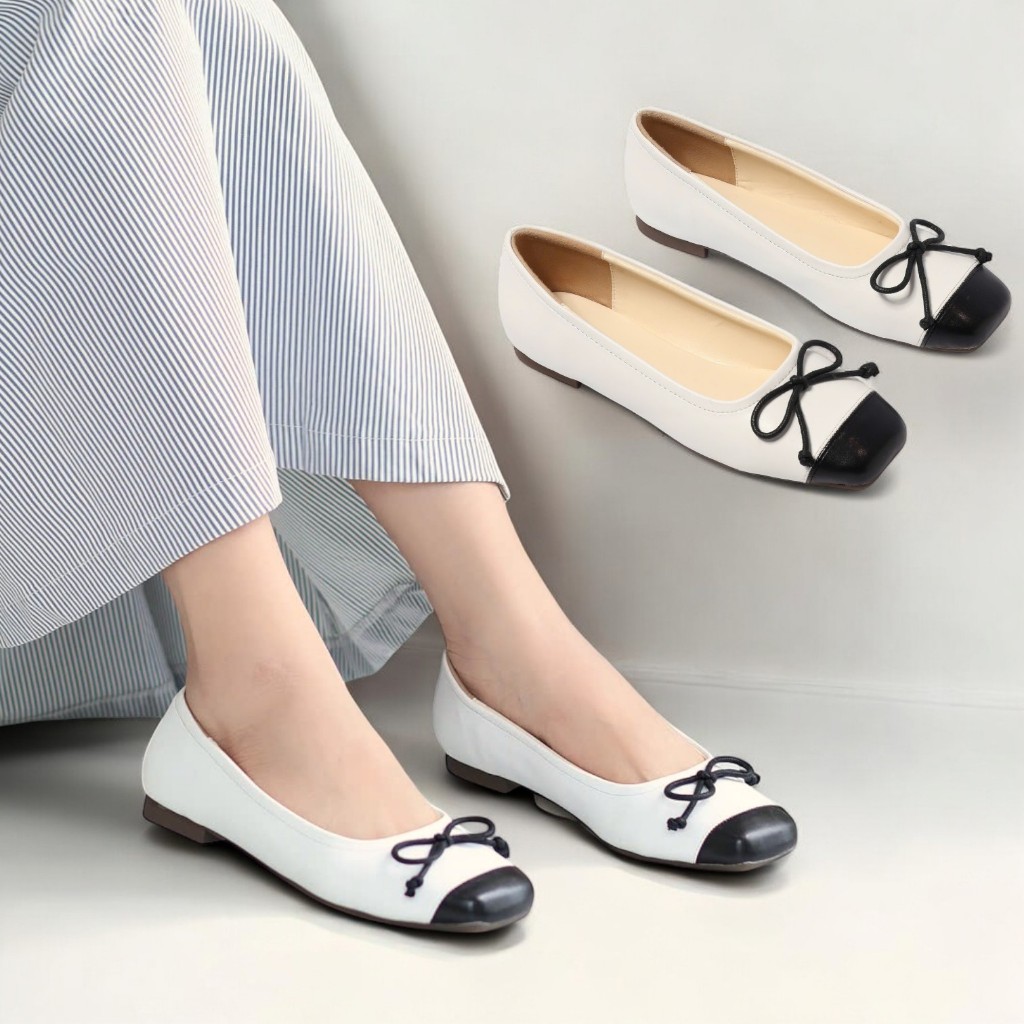 Giày Búp Bê Bệt Mũi Vuông Phối Nơ Nhỏ Pixie H396