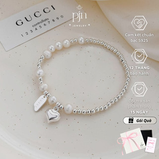 Vòng Tay Lắc Tay Bạc S925 PJN Mix Ngọc Trai Nước Ngọt  Charm Tim Đáng Yêu – Phong Cách Thanh Lịch, Sang Trọng VT28
