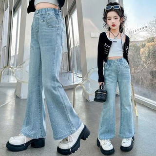 Quần Jean Dài Dáng Loe Đính Đá Phong Cách Hàn Quốc Cho Bé Gái
