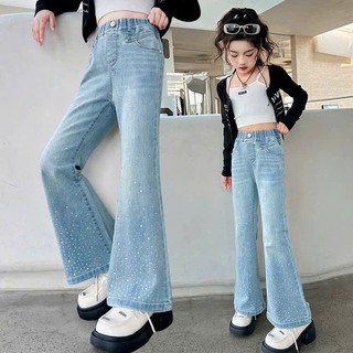 Quần Jean Dài Dáng Loe Đính Đá Phong Cách Hàn Quốc Cho Bé Gái