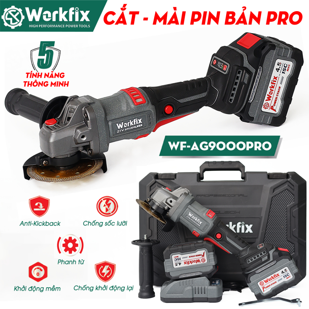 [TẶNG ĐĨA CẮT] Máy mài góc Workfix WF-AG9000ATC - 5 Tính Năng Thông Minh, Có Màn Led, Chuyên Cắt, Cưa, Mài