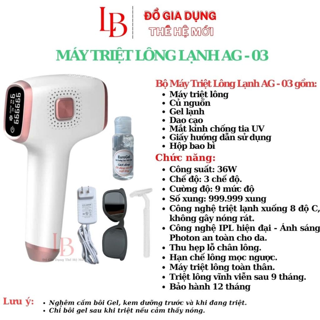 Máy Triệt Lông Lạnh Vĩnh Viễn Cầm Tay Tại Nhà AG – 03 Công Nghệ IPL Với 9 Cấp Độ và 3 Chê Độ Triệt Bảo Hành 12 Tháng | BigBuy360 - bigbuy360.vn