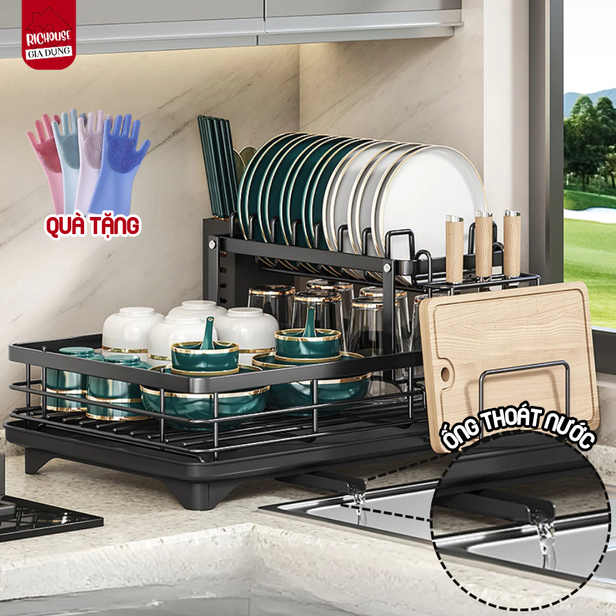 Giá Úp Bát Chén Thép Carbon Chống Gỉ, Kệ Úp Bát Thoát Nước Kèm Ống Đũa 2 Tầng Thông Minh