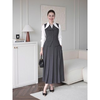 Áo gile cổ cánh nhạn nữ và quần bấu li nửa màu ghi HAGOO phong cách công sở thanh lịch [A615-Q585]