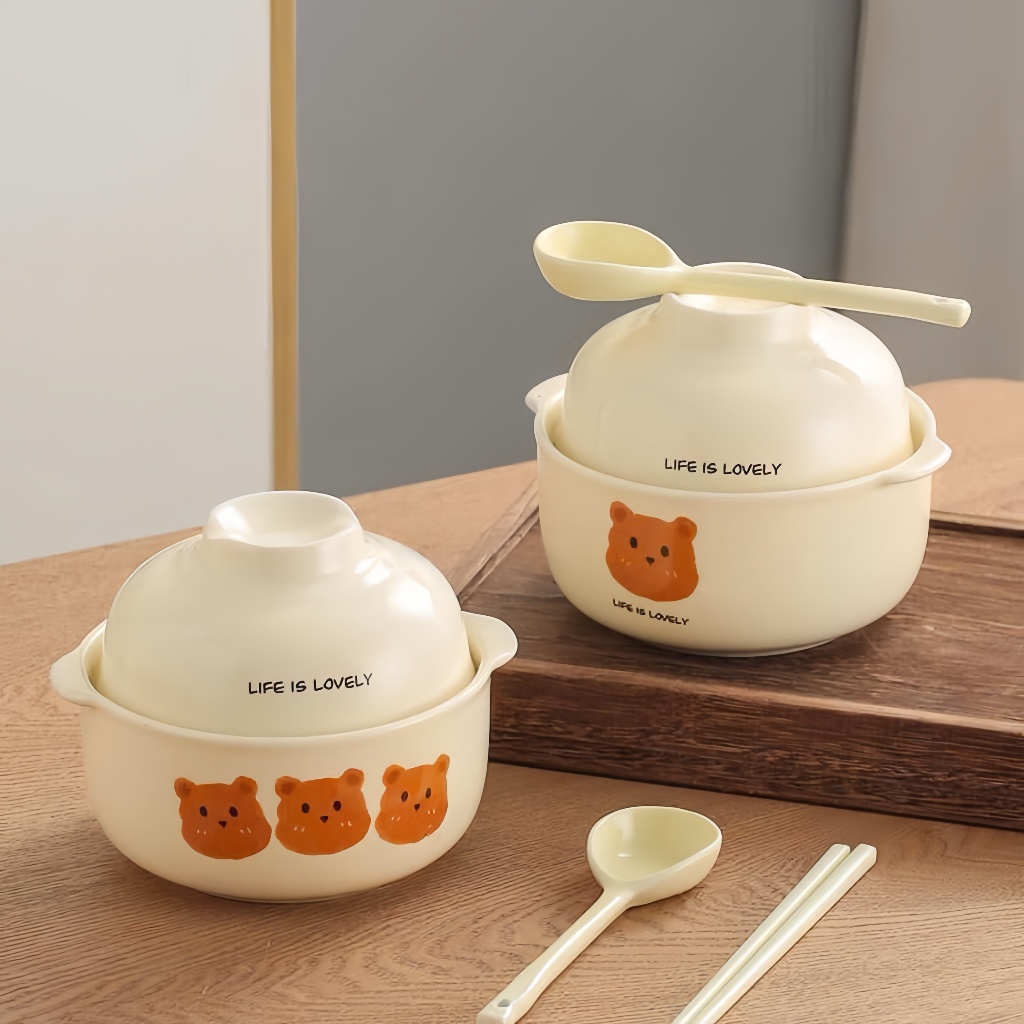 Bát tô Gấu Nâu Tô Mỳ  3in1,(1 tô to + 1 tô nhỏ + 1 thìa sứ)  gốm sứ Taca