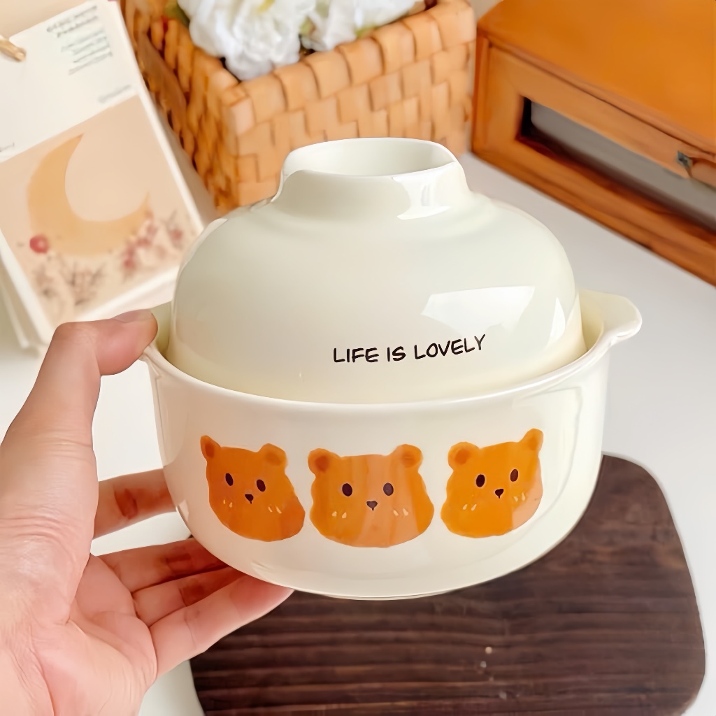 Bát tô Gấu Nâu Tô Mỳ  3in1,(1 tô to + 1 tô nhỏ + 1 thìa sứ)  gốm sứ Taca