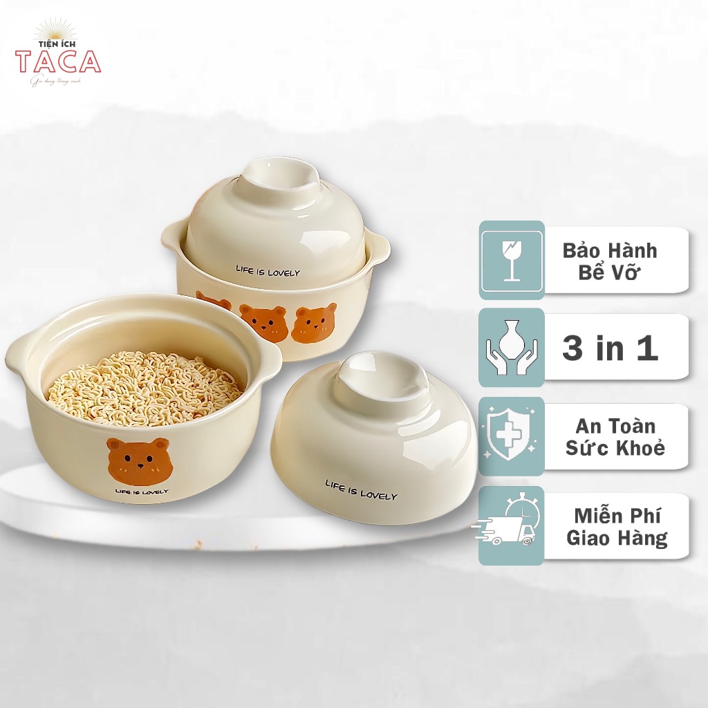 Bát tô Gấu Nâu Tô Mỳ  3in1,(1 tô to + 1 tô nhỏ + 1 thìa sứ)  gốm sứ Taca