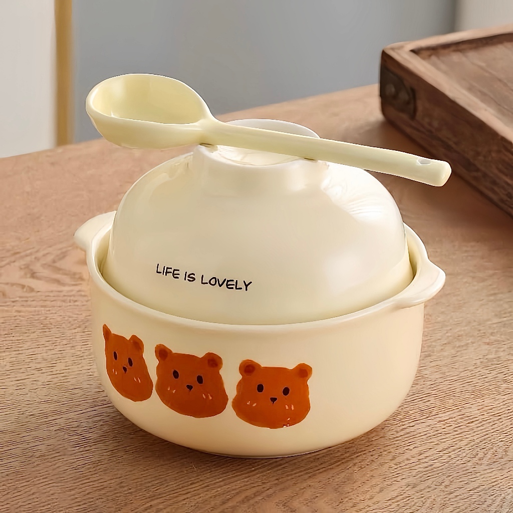 Bát tô Gấu Nâu Tô Mỳ  3in1,(1 tô to + 1 tô nhỏ + 1 thìa sứ)  gốm sứ Taca