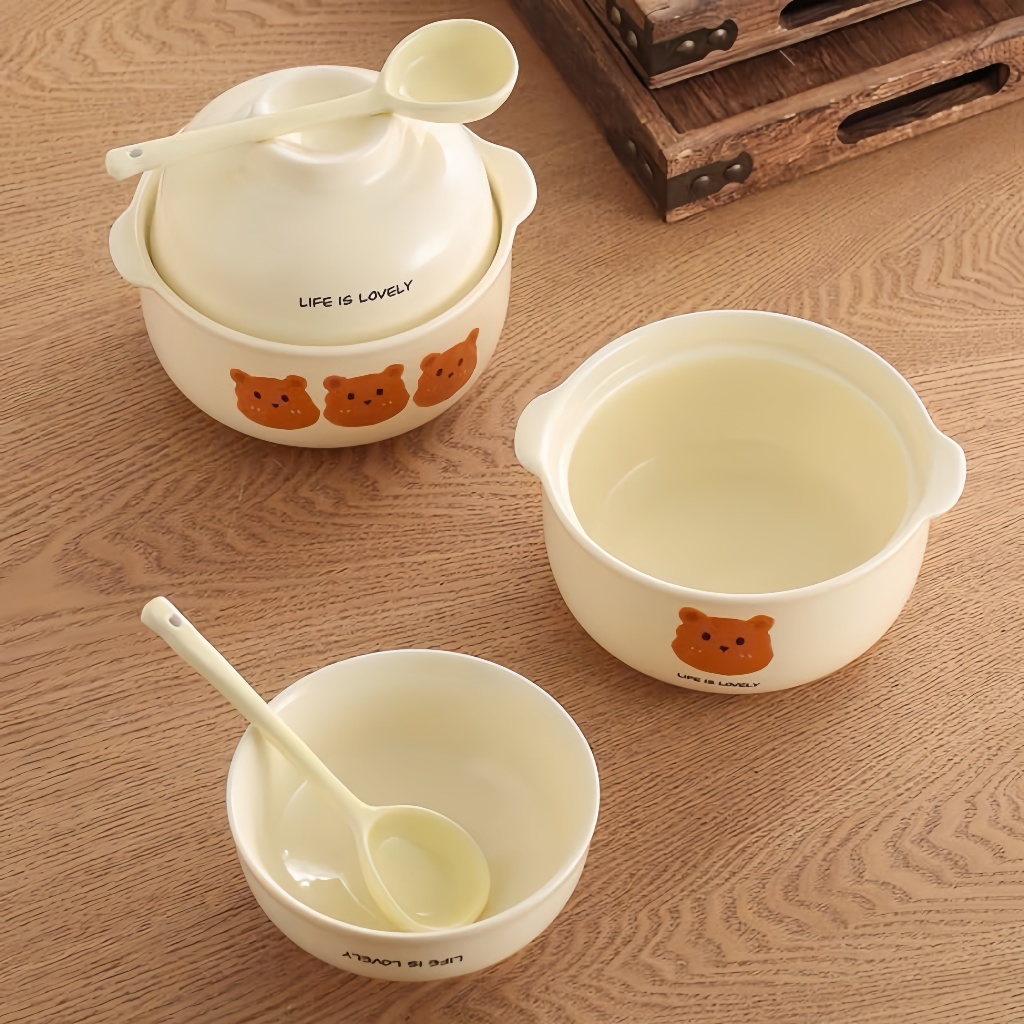 Bát tô Gấu Nâu Tô Mỳ  3in1,(1 tô to + 1 tô nhỏ + 1 thìa sứ)  gốm sứ Taca