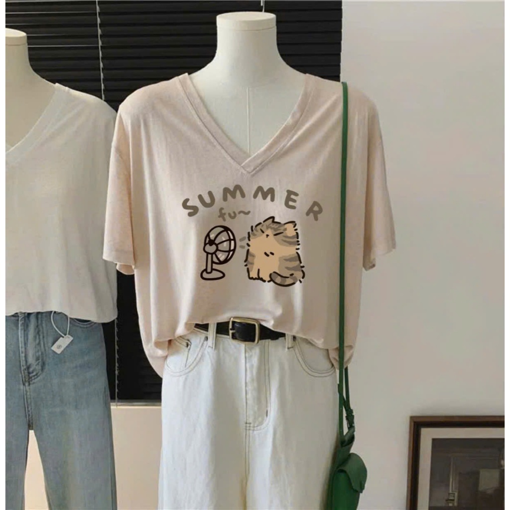 BST Áo thun xượt cổ tim Nữ in hình thời trang JULY FASHION, Áo thun nữ cổ tim, Cổ V phom vừa, Chất thun xượt mềm mát