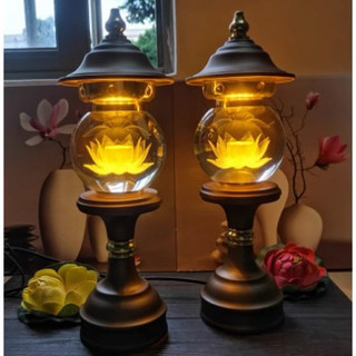 (1cặp) Đèn thờ hoa sen pha lê đổi màu, đèn thờ 7 màu, nhiều chế độ sáng dùng bằng điện