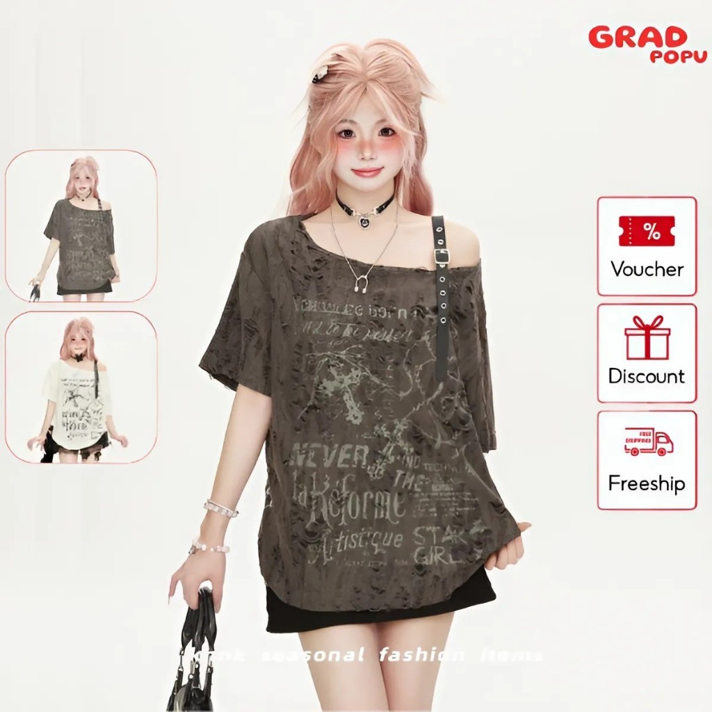 Áo kiểu nữ GRADPOPU lệch vai phối đai form rộng cá tính, áo thun phong cách ulzzang rách nhẹ PAT174