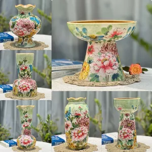 Bình Hoa Gốm Sứ Bát Tràng Men Xanh Cốm Vẽ Hoa Mẫu Đơn GomDecorTSC