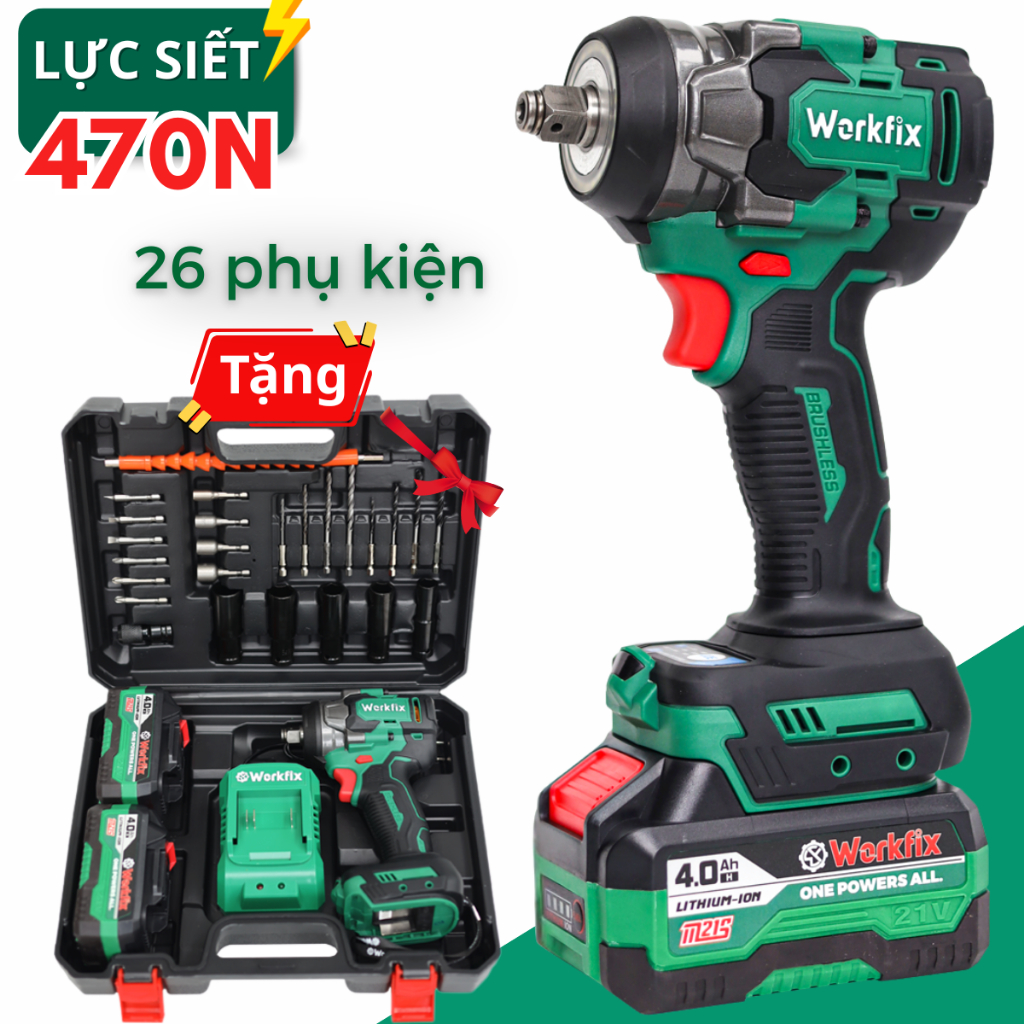 [TẶNG 26 PHỤ KIỆN] Máy Siết Bulong Dùng Pin WORKFIX WF-IW470N, Lực Siết ...