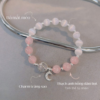 Lắc Tay Bạc Nữ PJN Đá Mắt Mèo Charm Mặt Trăng Và Đá Hoắc Nguyệt Quang Tự Nhiên VT39