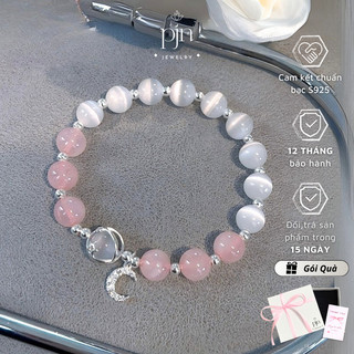 Lắc Tay Bạc Nữ PJN Đá Mắt Mèo Charm Mặt Trăng Và Đá Hoắc Nguyệt Quang Tự Nhiên VT39