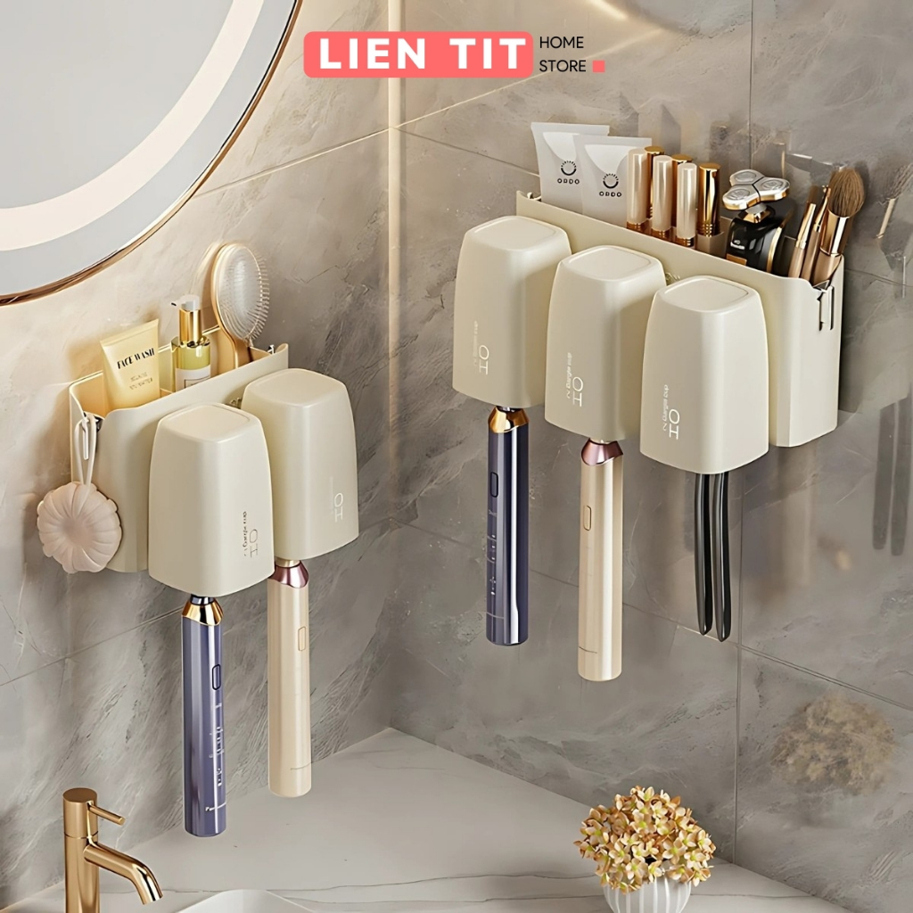 Kệ Để Bàn Chải Đánh Răng Dán Tường Nhà Tắm Bằng Nhựa, Giá Để Bàn Chải Đánh Răng Có Ngăn Đựng Đồ Tện Lợi Kèm Miếng Dán