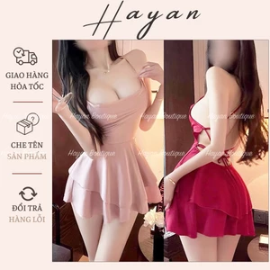 HT79 Váy ngủ sexy form ngắn cổ đổ hở lưng đan dây gợi cảm,đồ ngủ lụa dáng xoè tôn dáng HT79