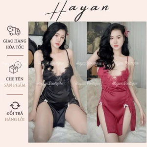 HT80 Váy ngủ sexy phối ren ngực hách dáng kèm ĐỆM LÓT, đồ ngủ lụa xẻ đùi tôn dáng gợi cảm HT80