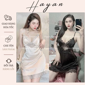 HT95 Váy ngủ sexy phối ren xẻ ngực gợi cảm kèm ĐỆM LÓT, đồ ngủ lụa xoè nhẹ tôn dáng HT95
