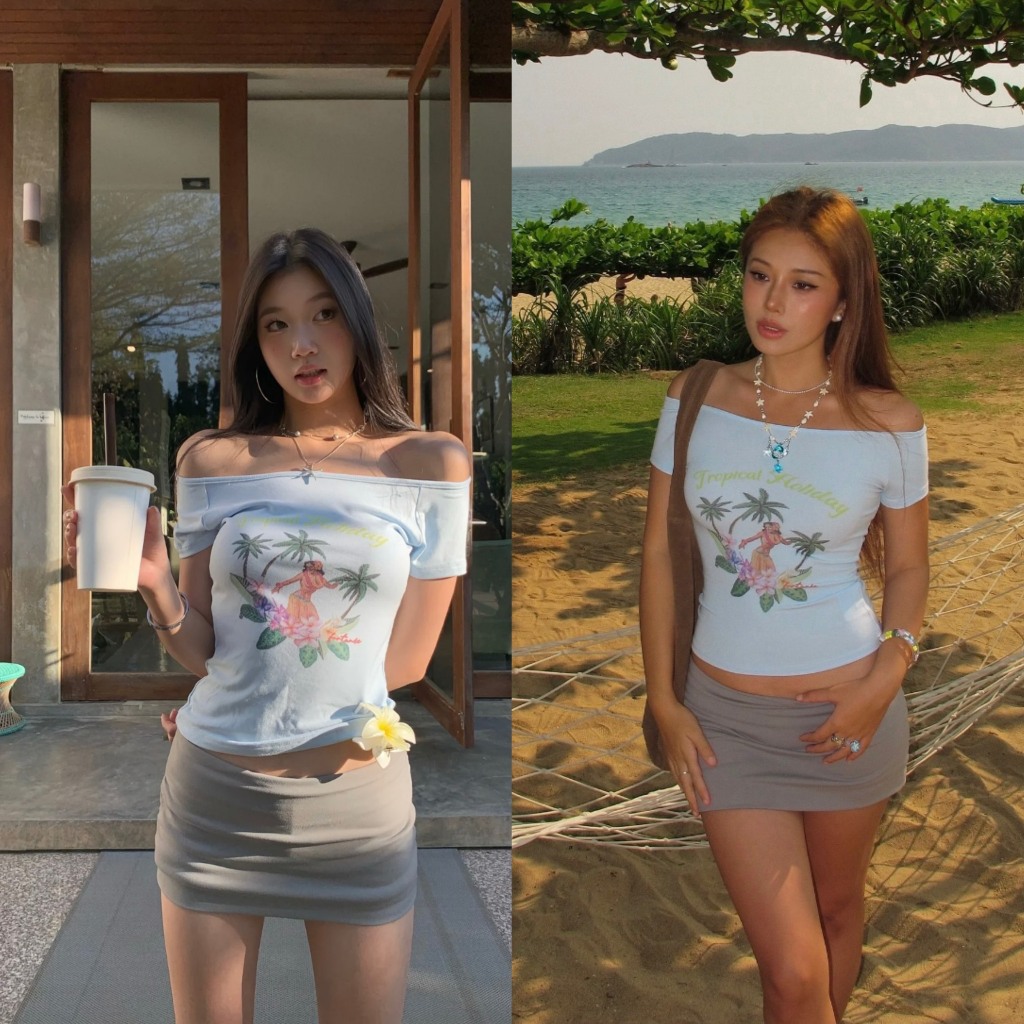 Áo trễ vai xanh nhạt hoạ tiết cây dừa đi biển chất cotton ATV014 - Tiktik