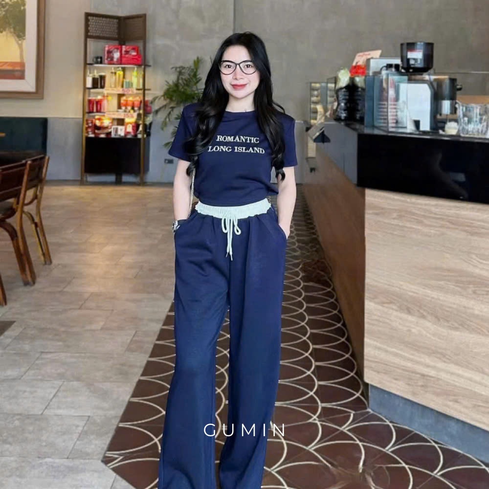 Set đồ bộ nữ cộc tay GUMIN thiết kế gồm áo croptop và quần dài ống suông phong cách trẻ trung, năng động sang trọng