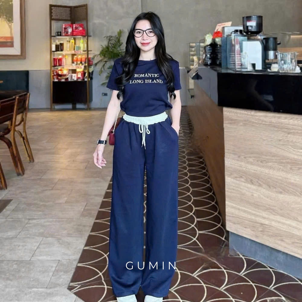Set đồ bộ nữ cộc tay GUMIN thiết kế gồm áo croptop và quần dài ống suông phong cách trẻ trung, năng động sang trọng