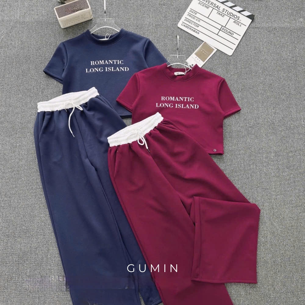 Set đồ bộ nữ cộc tay GUMIN thiết kế gồm áo croptop và quần dài ống suông phong cách trẻ trung, năng động sang trọng