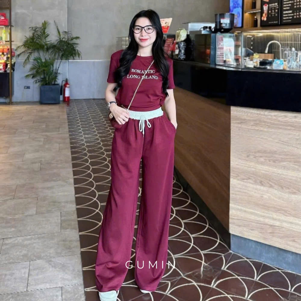 Set đồ bộ nữ cộc tay GUMIN thiết kế gồm áo croptop và quần dài ống suông phong cách trẻ trung, năng động sang trọng