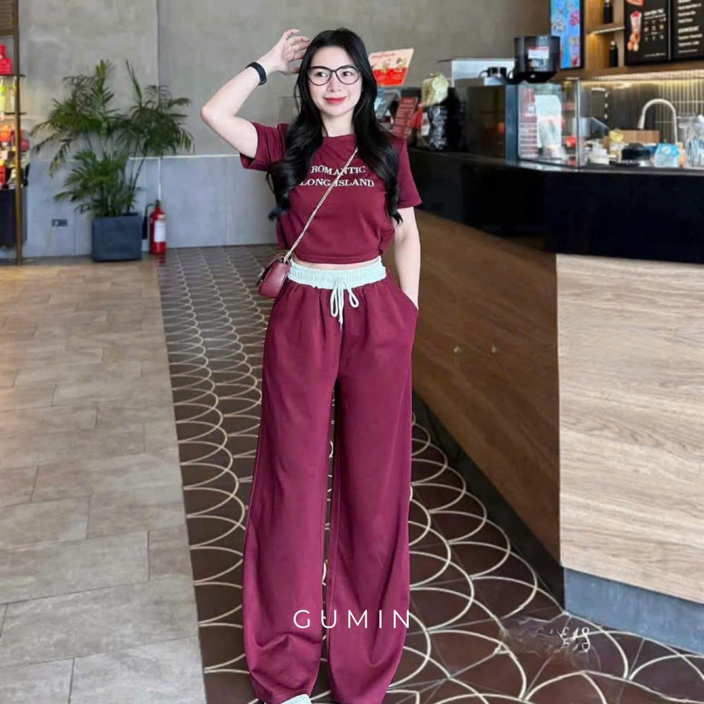 Set đồ bộ nữ cộc tay GUMIN thiết kế gồm áo croptop và quần dài ống suông phong cách trẻ trung, năng động sang trọng