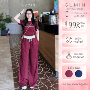 Set đồ bộ nữ cộc tay GUMIN thiết kế gồm áo croptop và quần dài ống suông phong cách trẻ trung, năng động sang trọng
