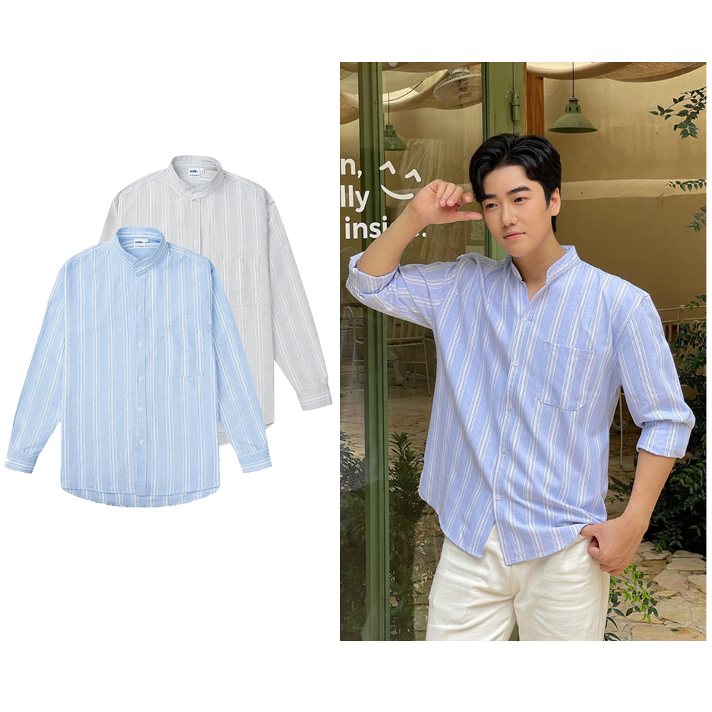 Áo Sơ Mi Nam Cổ Tàu Chất Oxford Dáng Rộng Cao Cấp Họa Tiết Kẻ Sọc Basic Halley A36