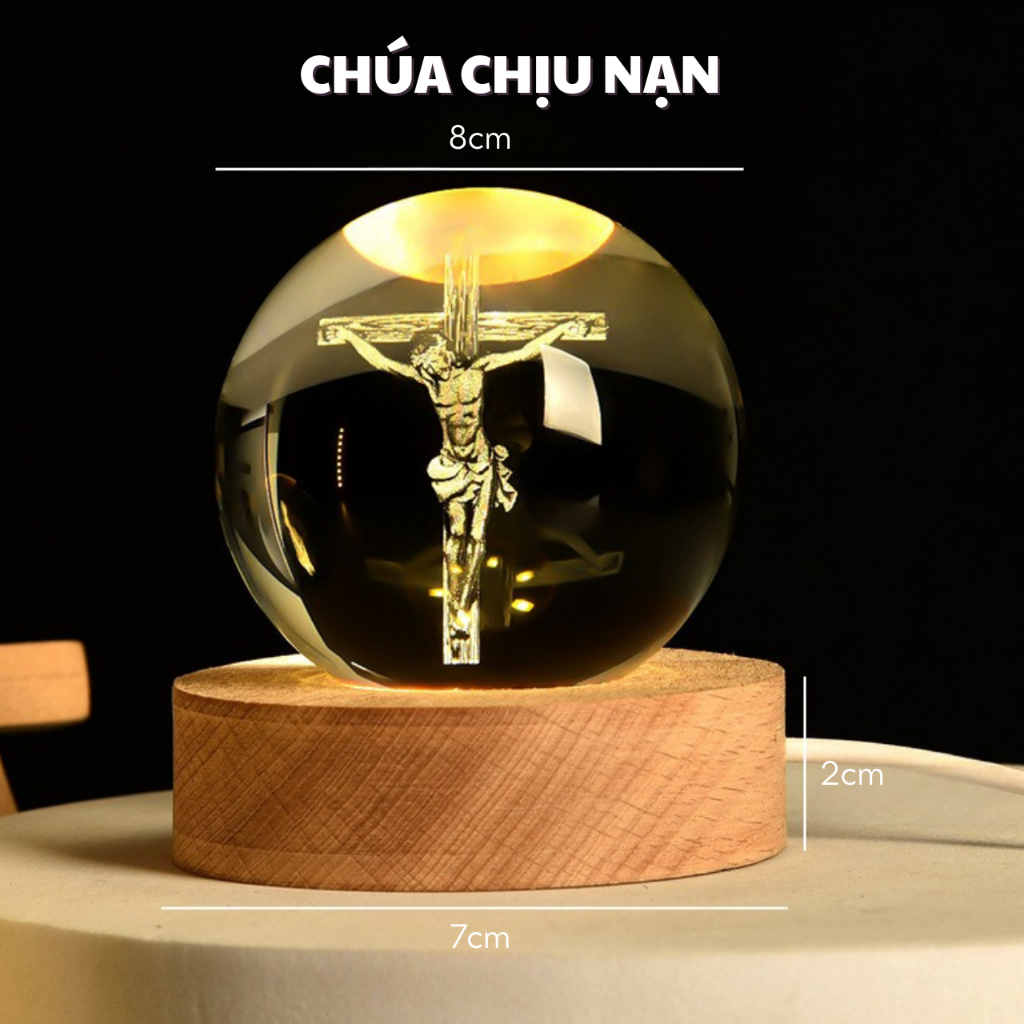 Đèn Ngủ, Quả Cầu Pha Lê 3D 8cm Công Giáo Để Bàn Decor Trang Trí, Đế Đổi Màu Bảo Hành Uy Tín
