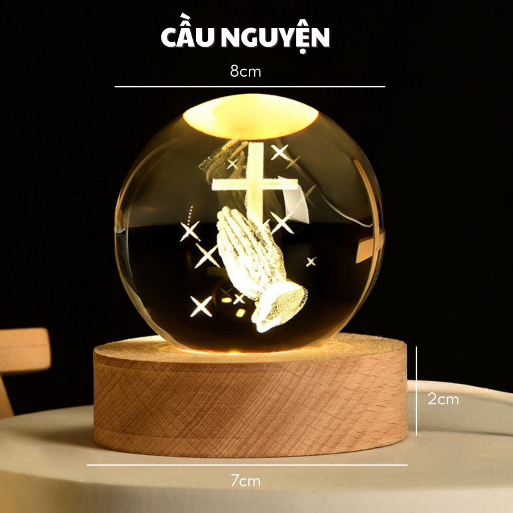 Đèn Ngủ, Quả Cầu Pha Lê 3D 8cm Công Giáo Để Bàn Decor Trang Trí, Đế Đổi Màu Bảo Hành Uy Tín