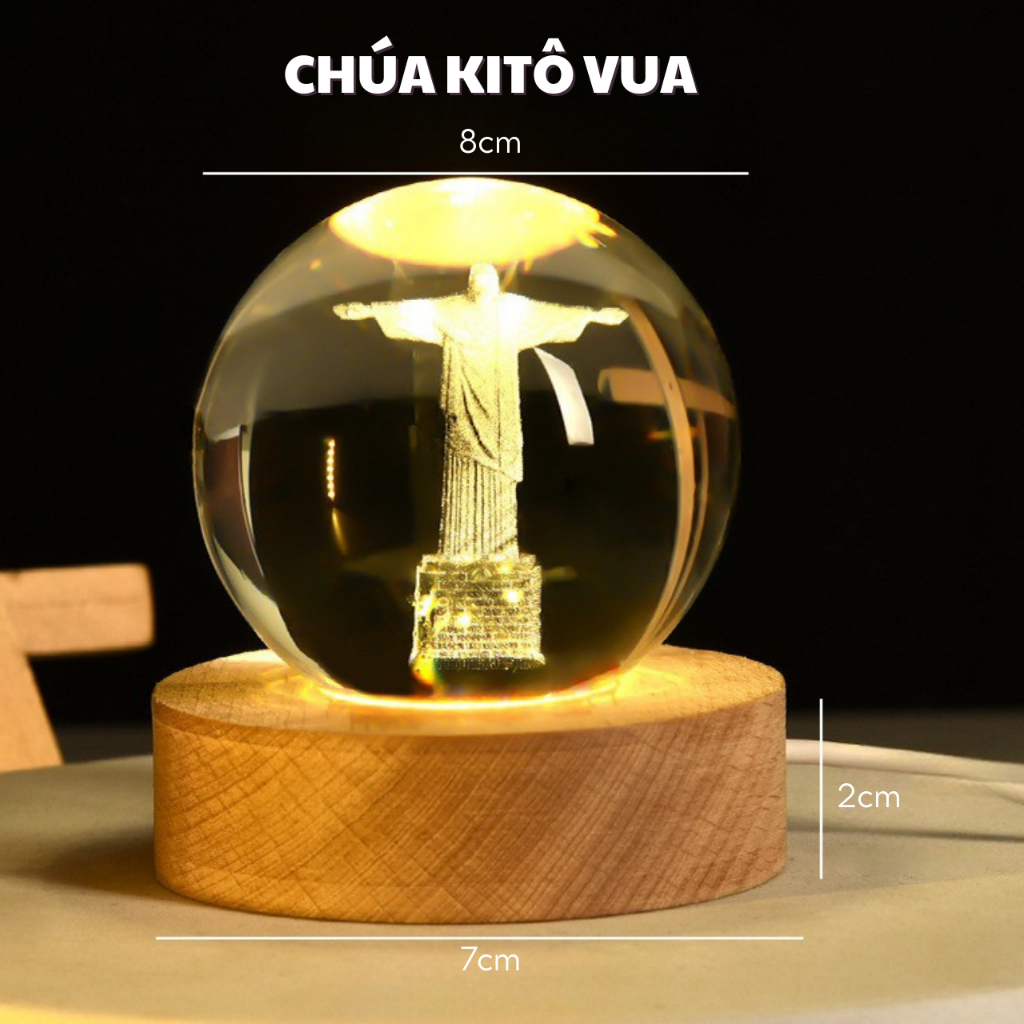 Đèn Ngủ, Quả Cầu Pha Lê 3D 8cm Công Giáo Để Bàn Decor Trang Trí, Đế Đổi Màu Bảo Hành Uy Tín