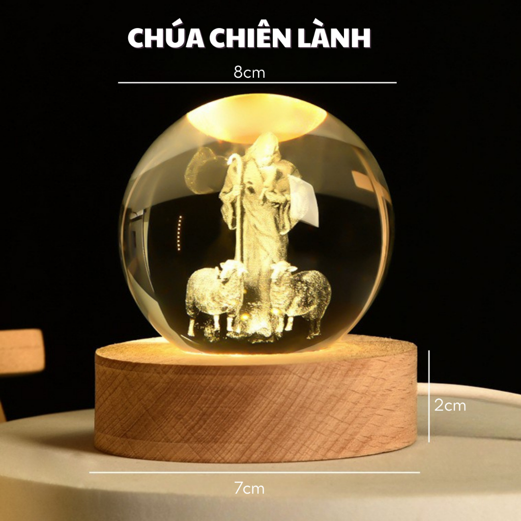 Đèn Ngủ, Quả Cầu Pha Lê 3D 8cm Công Giáo Để Bàn Decor Trang Trí, Đế Đổi Màu Bảo Hành Uy Tín