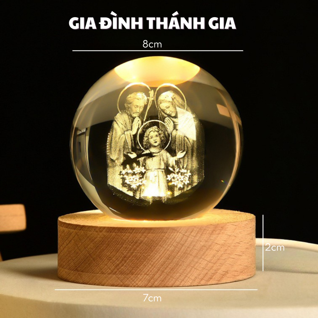 Đèn Ngủ, Quả Cầu Pha Lê 3D 8cm Công Giáo Để Bàn Decor Trang Trí, Đế Đổi Màu Bảo Hành Uy Tín